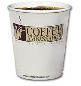 Image of a full 10oz coffee in an Ambassador Cup, brewed by San Diego's premier Office Coffee Service.